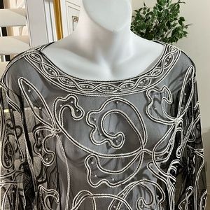 Elegant black & white mesh long sleeve sheer top pearls, Size Medium to Large